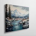 Framed canvas print of a serene mountain landscape with snow-covered peaks, a flowing river, and a forest in digital art style.