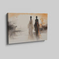 Framed canvas print of silhouette figures in traditional Asian attire with warm sunset backdrop in watercolor style