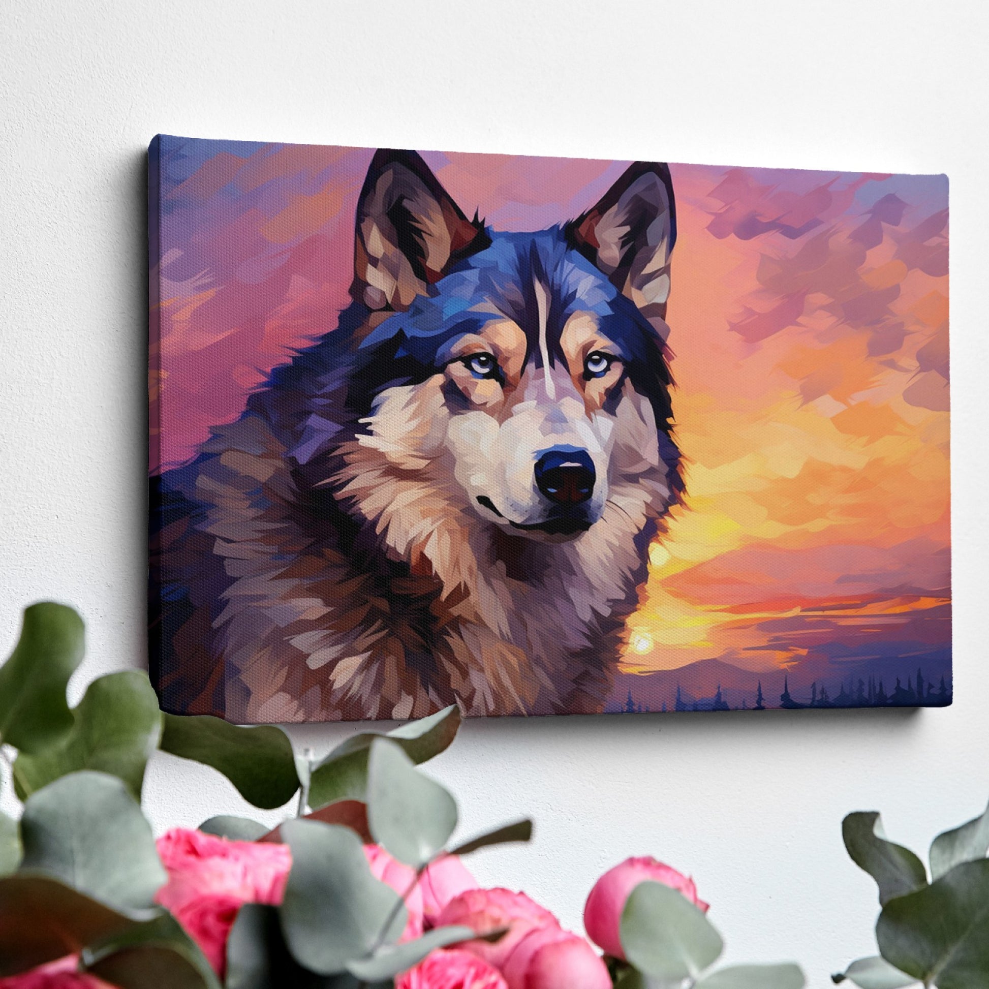 Framed canvas print of a stylized geometric husky against a colourful sunset