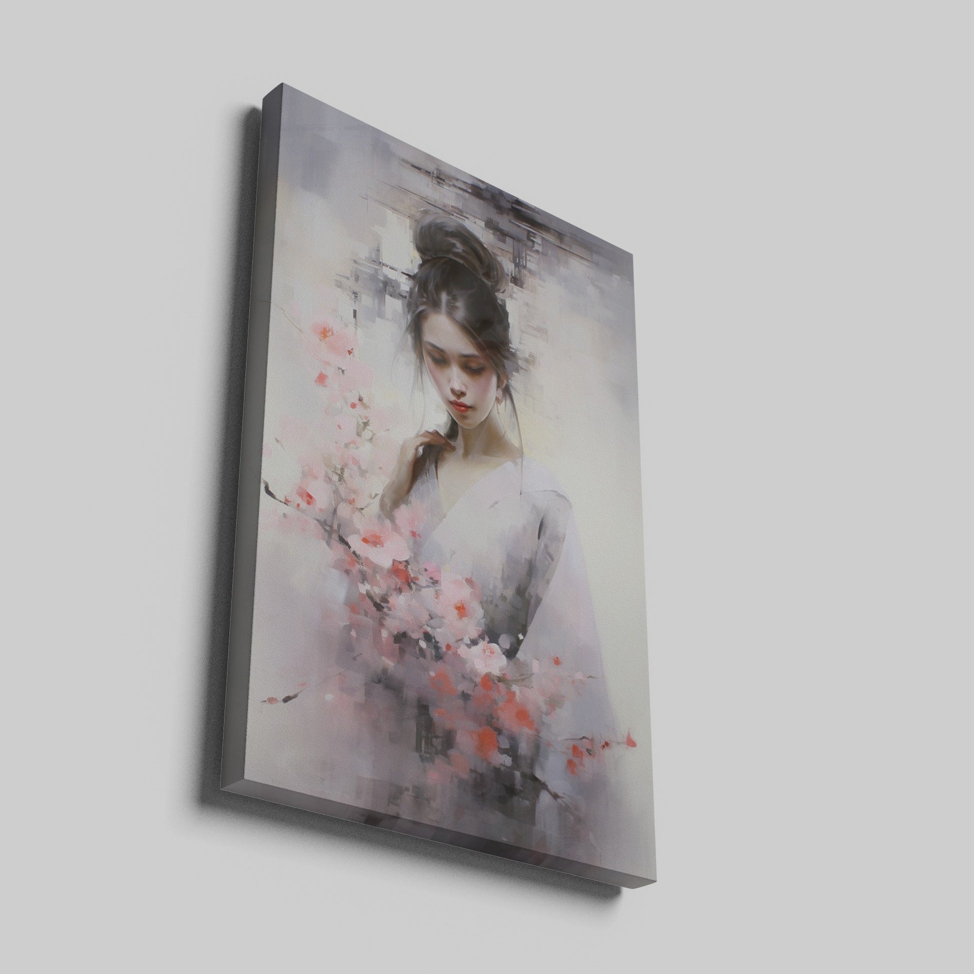 Framed canvas print of an elegant figure with cherry blossoms in soft pastel tones