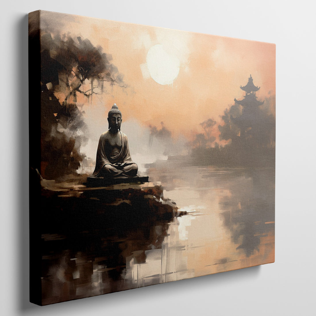 Framed canvas print of a serene Buddha statue at sunset with oriental temple and reflective water