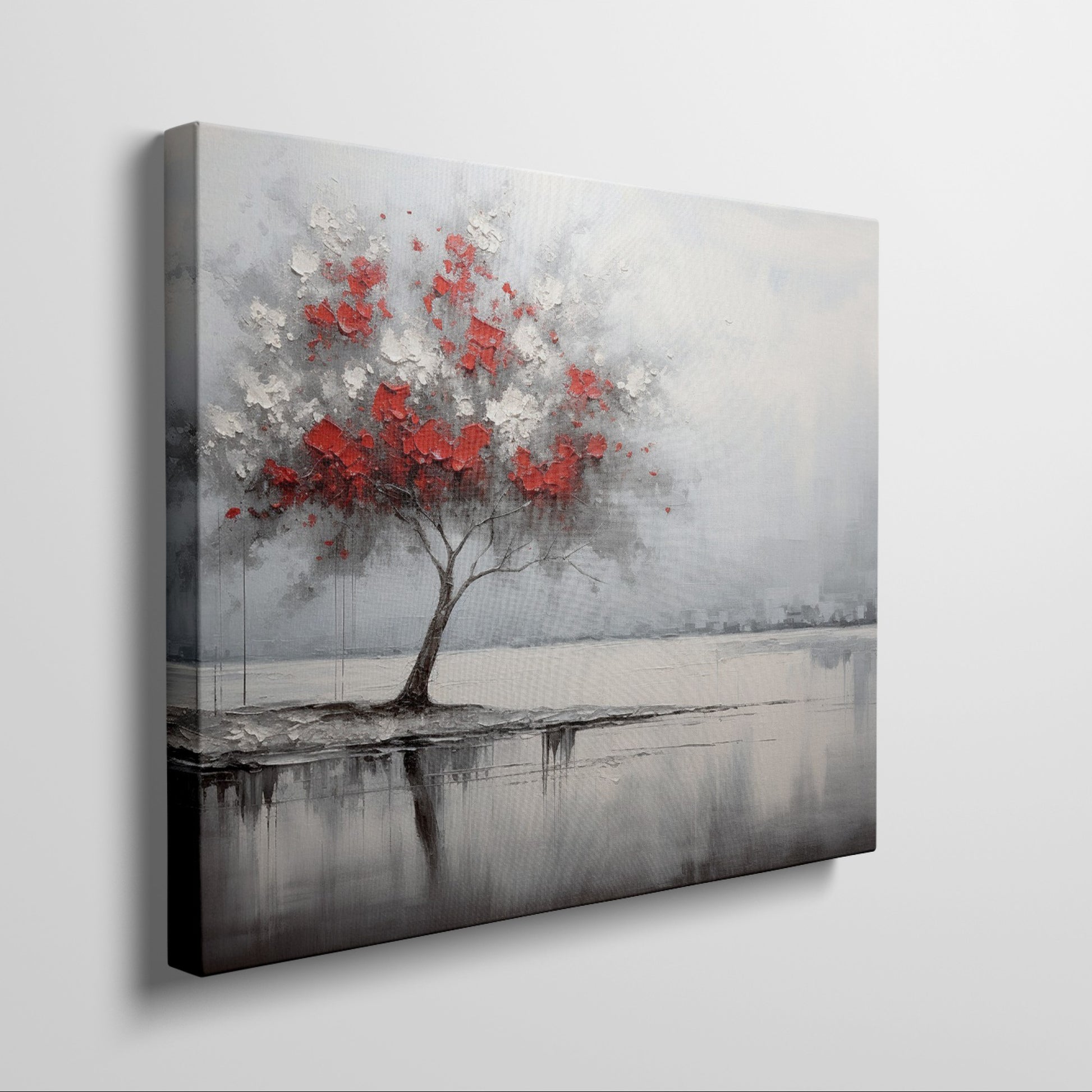 Abstract painting of a lone tree with red and white leaves reflected in water against a grey backdrop