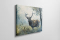 Framed canvas print of a watercolour stag in a serene woodland setting