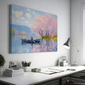 Framed canvas print of Impressionist-style cherry blossoms over a lake with a rowboat