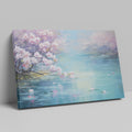 Framed canvas print of a serene landscape with cherry blossoms over tranquil waters