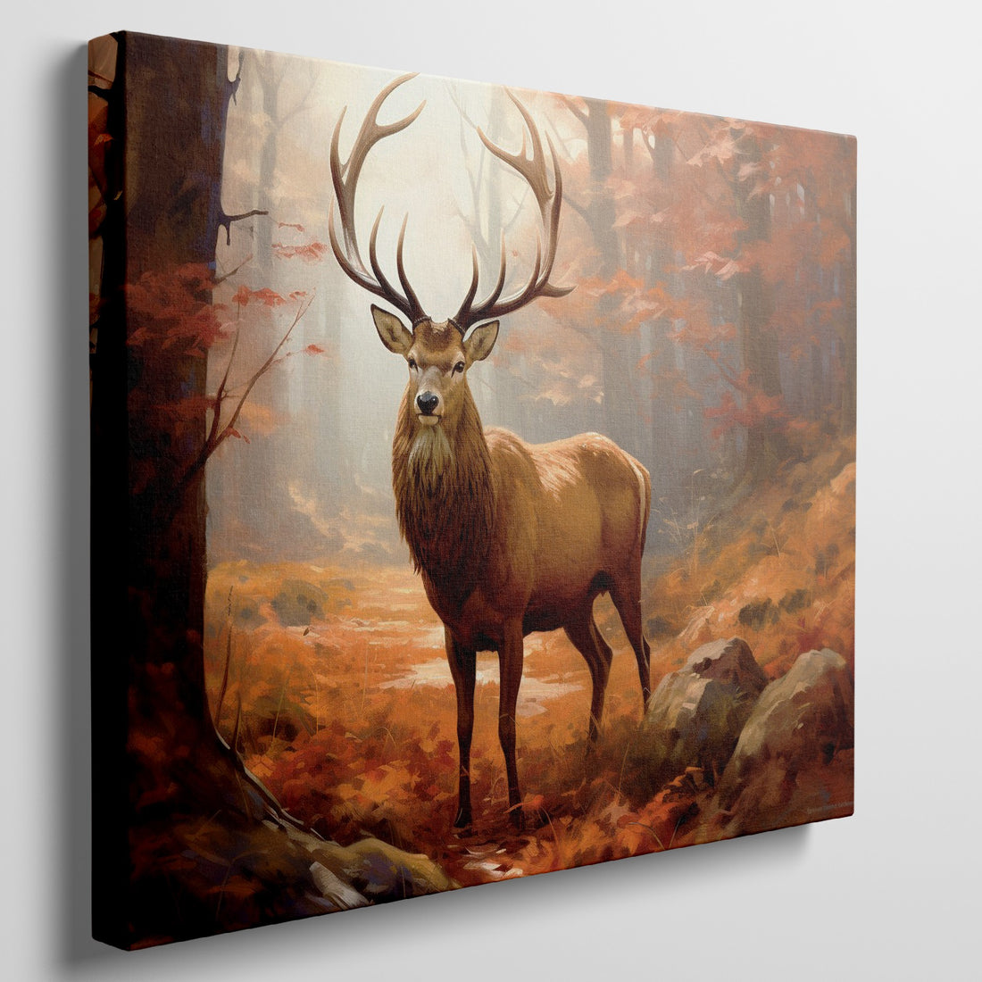 Framed canvas print of a majestic stag in an autumn forest with golden light