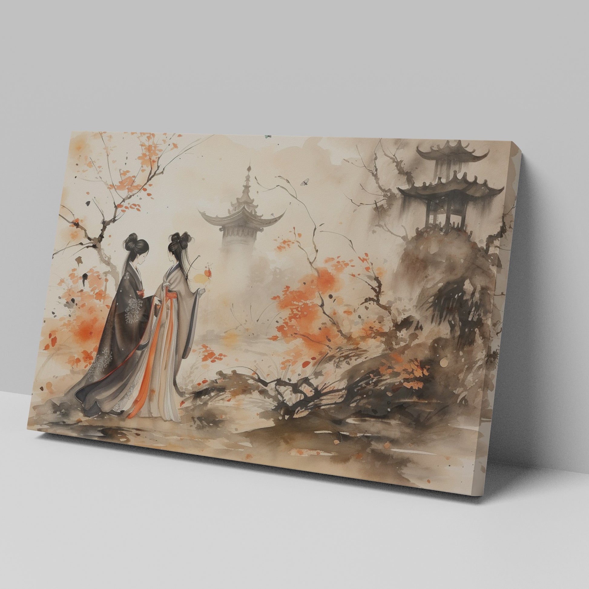 Framed canvas print of an oriental ink painting depicting two figures in traditional attire with an autumnal landscape and pagoda