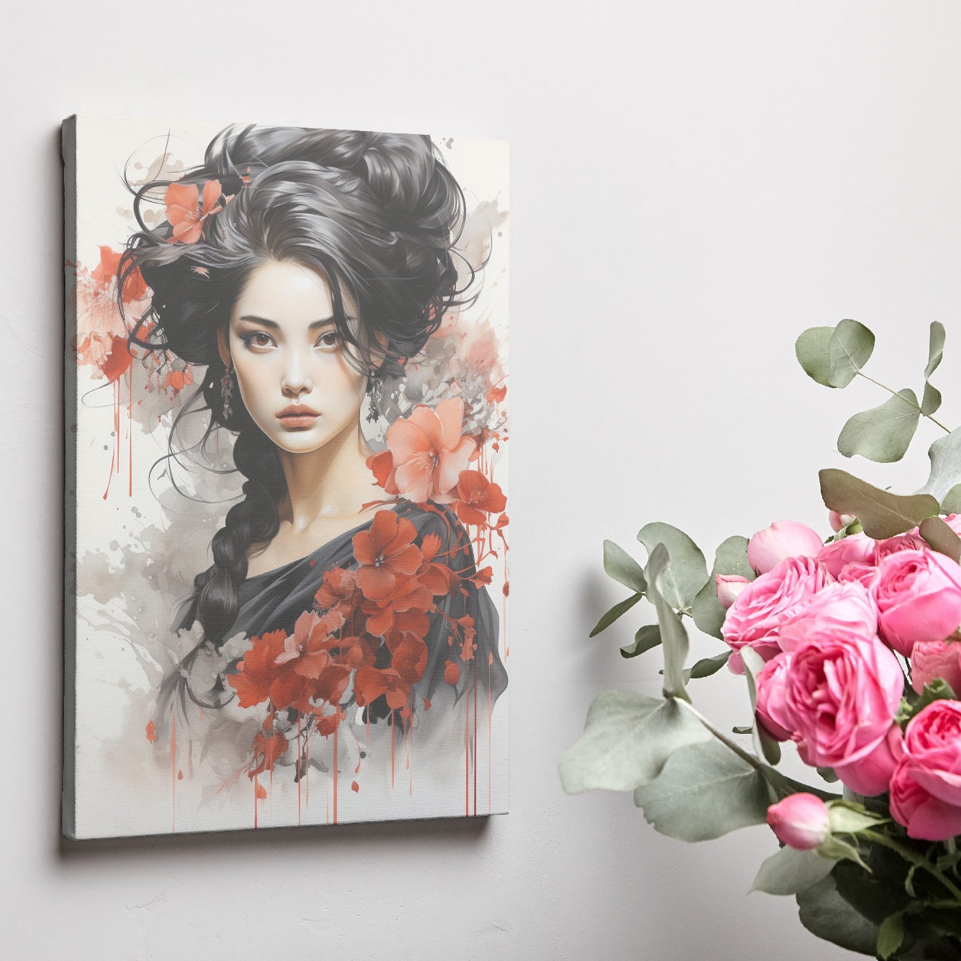 Framed canvas print of a stylised portrait of a woman with red poppies and monochrome elements