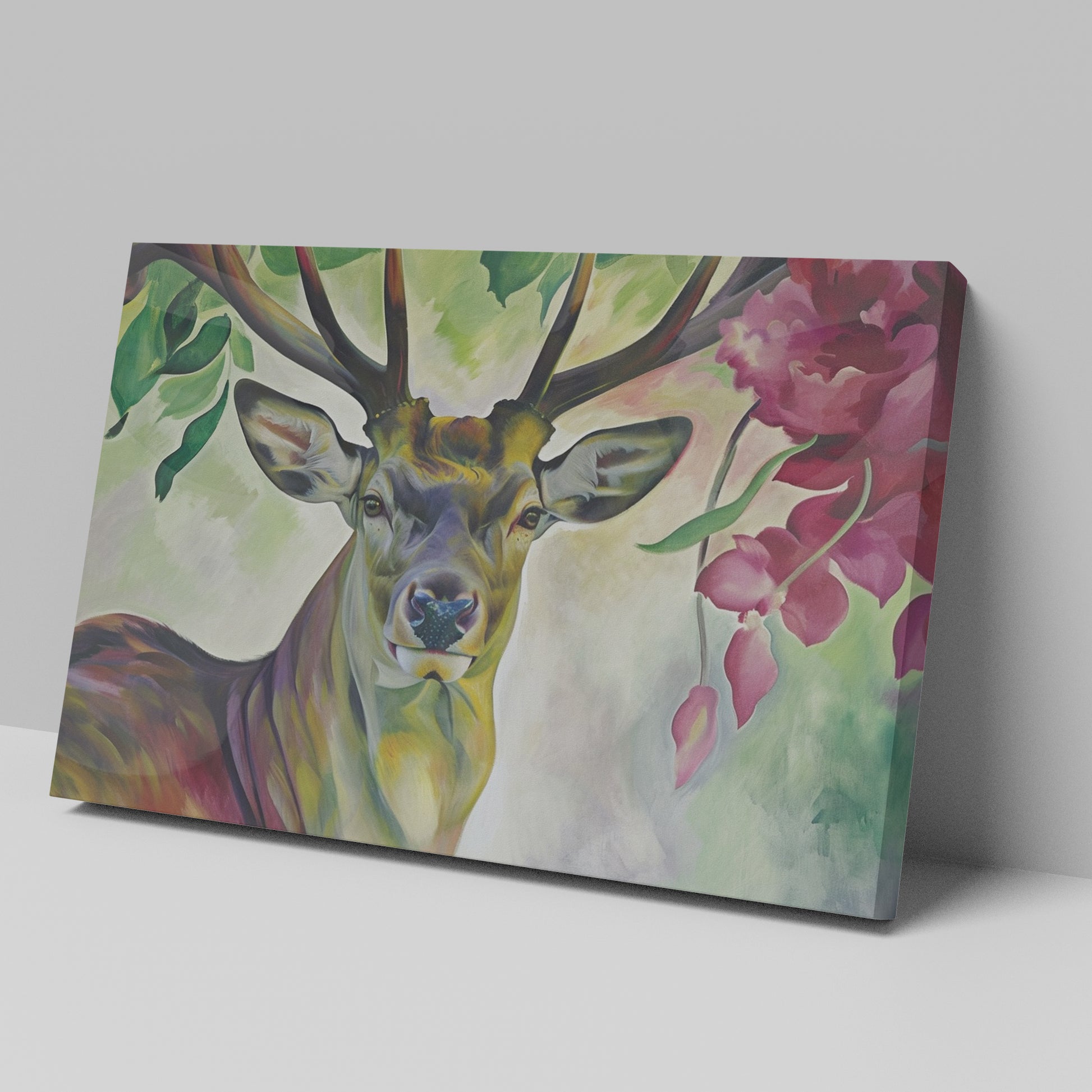 Framed canvas print of a vibrant stag with colourful floral surroundings