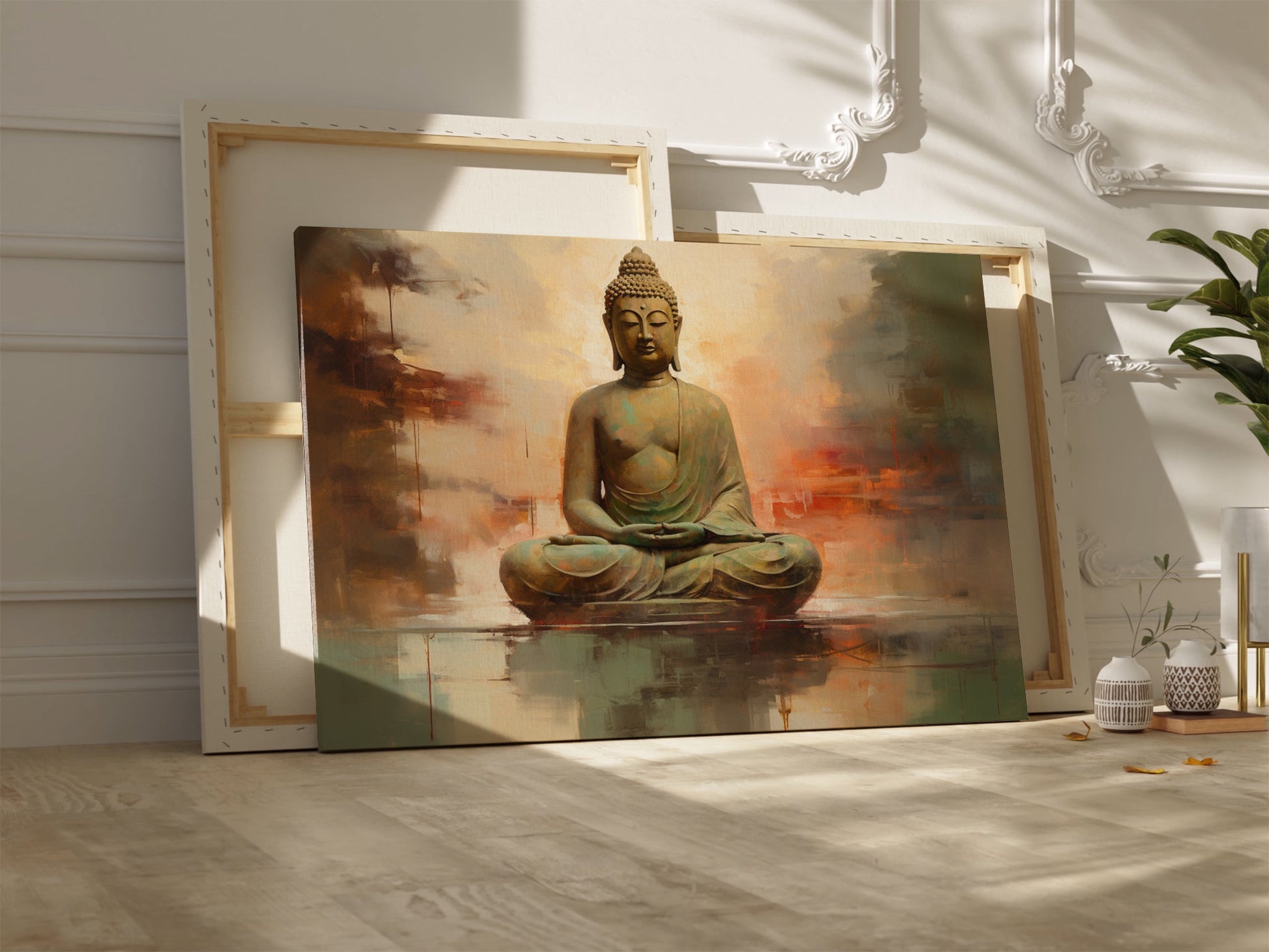 Framed canvas print of a serene Buddha in meditation with abstract background