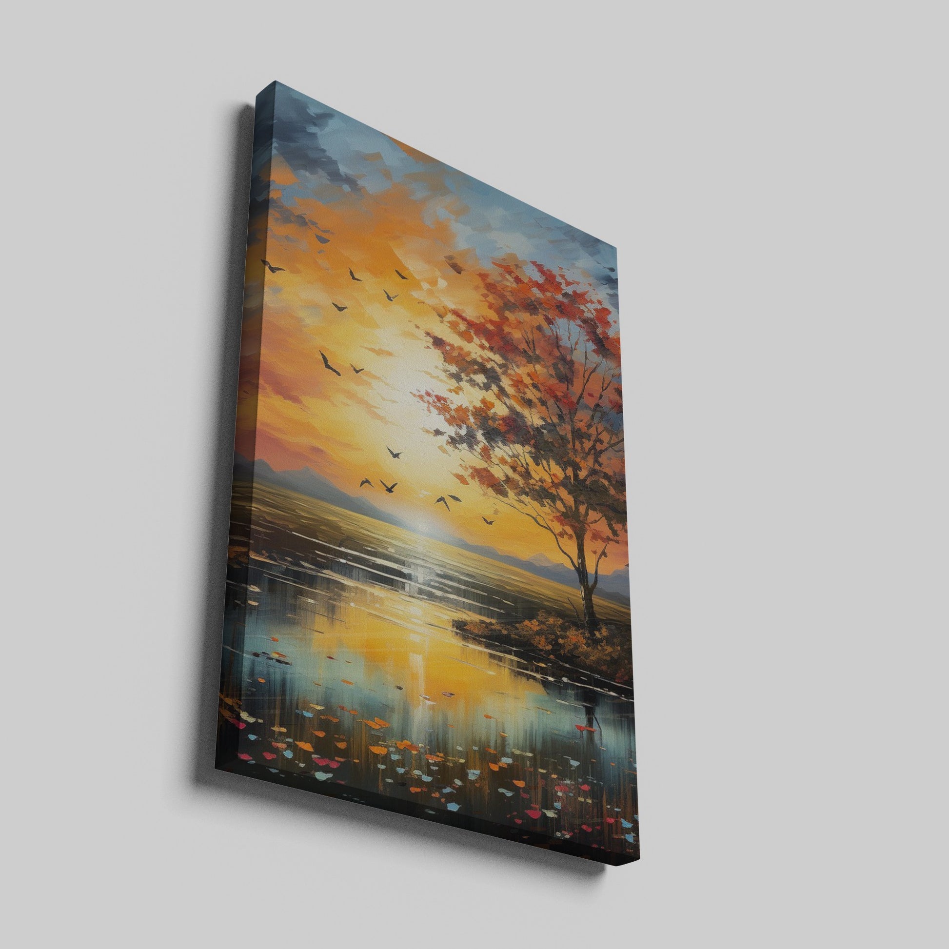 Framed canvas print of a picturesque autumnal sunset with vibrant orange sky and tree reflections on the water