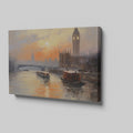 Framed canvas print of London's Westminster skyline at sunset with soft orange and blue tones