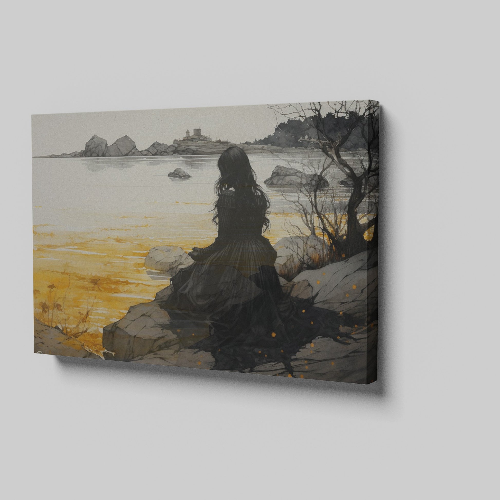 Framed canvas print of a woman in a gothic gown overlooking a golden sunset seascape with a castle