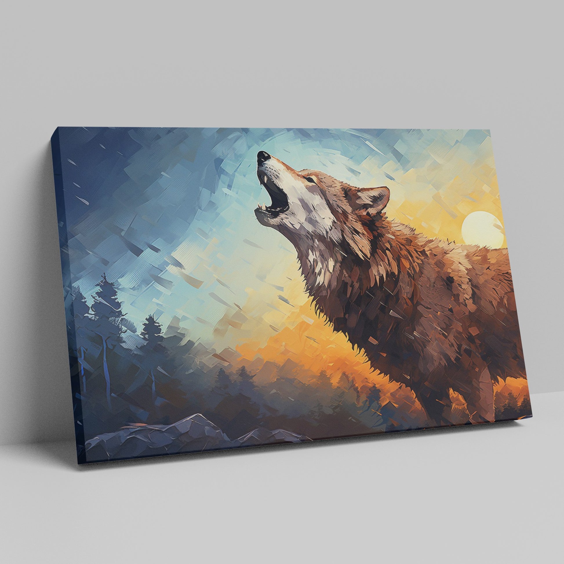 Framed canvas print of stylised howling wolf at sunset with forest backdrop