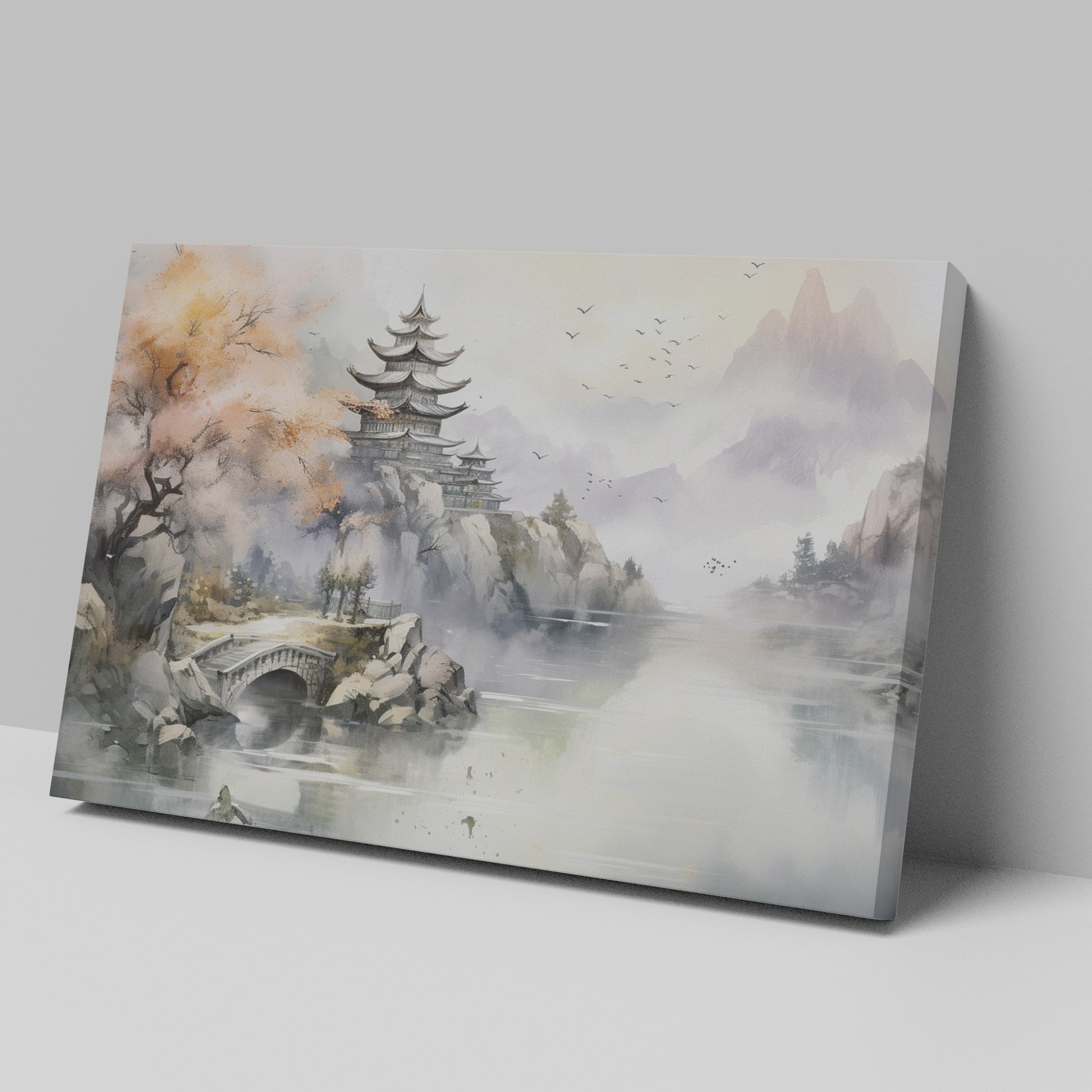 Framed canvas print of a traditional Oriental landscape with pagoda, autumn trees, and misty mountains