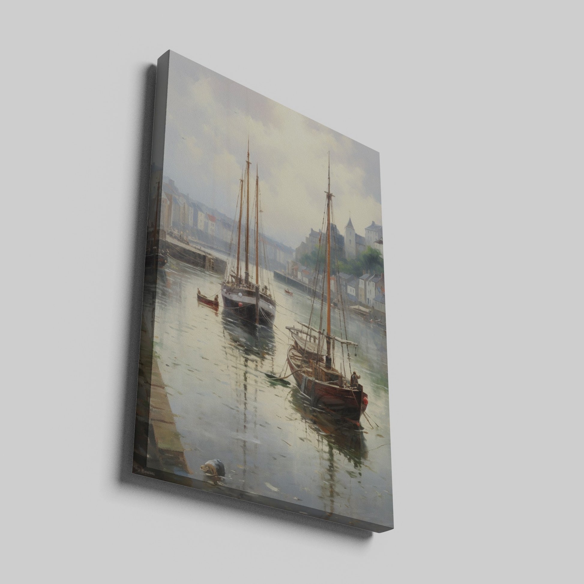 Framed canvas print of a tranquil harbour with vintage sailboats and quaint buildings