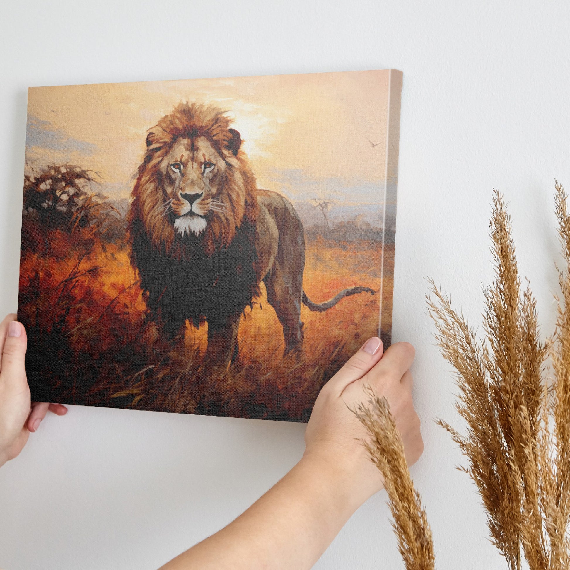 Framed canvas print of a majestic lion against a sunset on the savannah