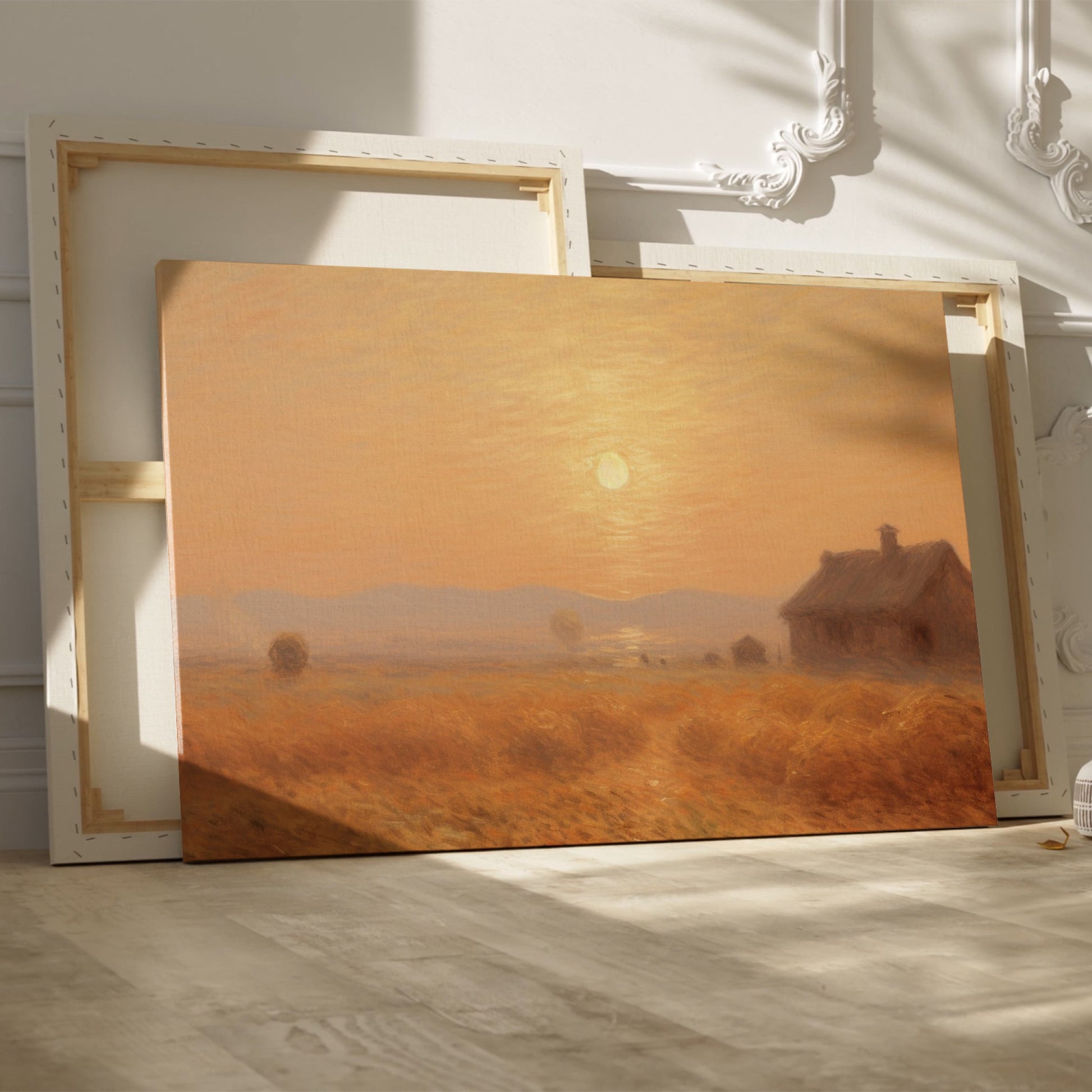 Framed canvas print of a misty, Impressionist-style sunset over a rustic countryside landscape with warm tones