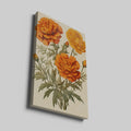 Framed canvas print of vintage illustrated marigold flowers in warm orange tones