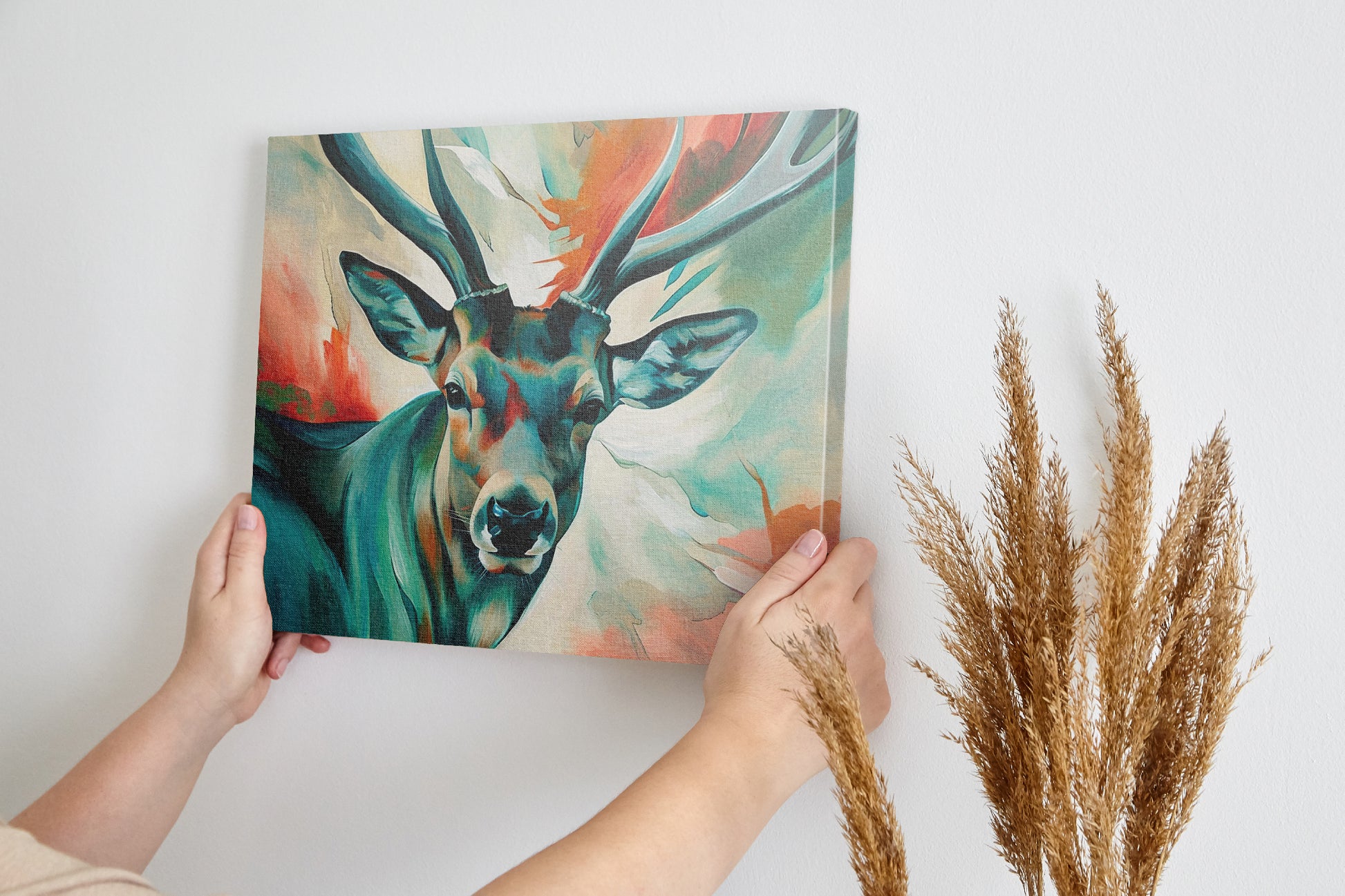 Framed canvas print of a colourful, impressionist painting of a stag with vibrant splashes of red, blue, and green