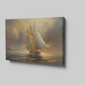 Framed canvas print of a classic sailing ship gliding through the ocean at sunset, with warm golden and amber tones in the sky