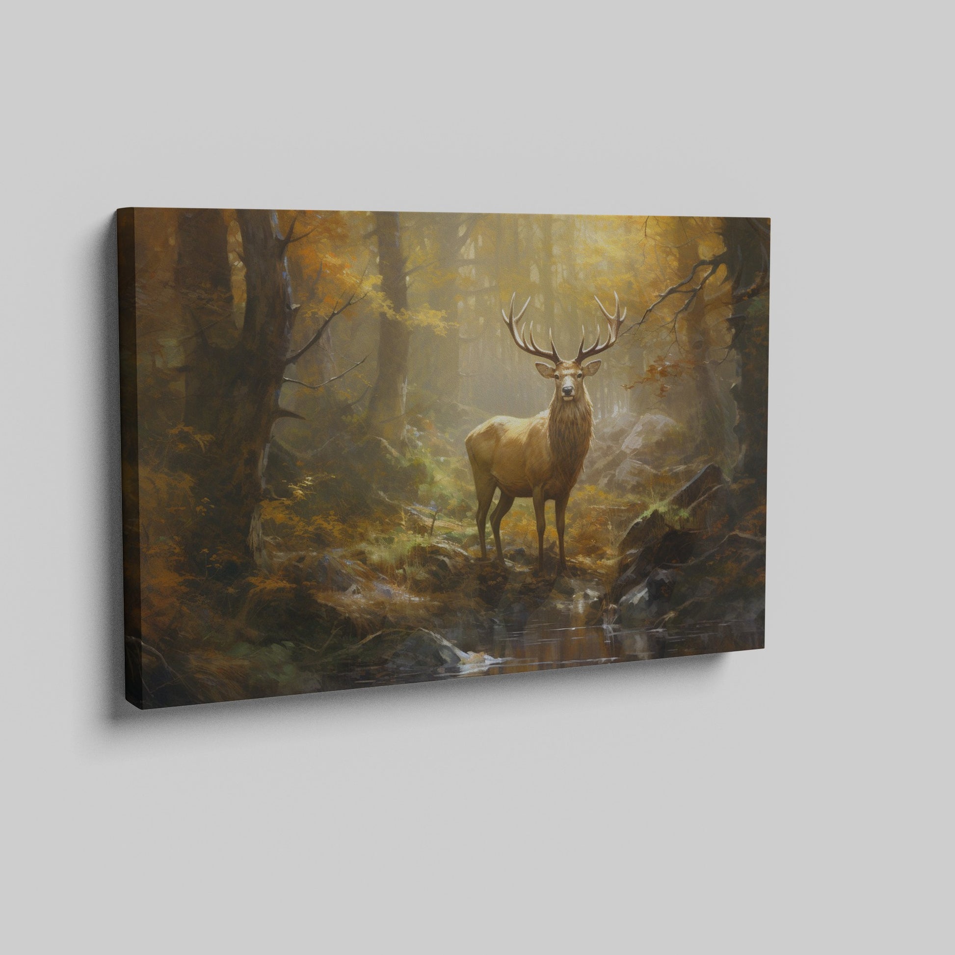 Framed canvas print of a majestic stag in a sunlit autumn forest with golden foliage