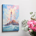 Framed canvas print of an impressionist lighthouse with vivid colours and dynamic sea waves