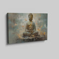 Framed canvas print of serene Buddha in meditation with abstract blue and orange background