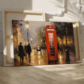 Framed canvas print of an impressionistic painting of a rainy London street with a red telephone box