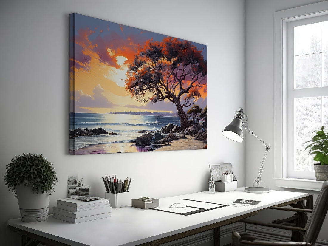 A vibrant sunset painting with an orange and red leafy tree overlooking a coastal seascape with gentle waves and cliffs.
