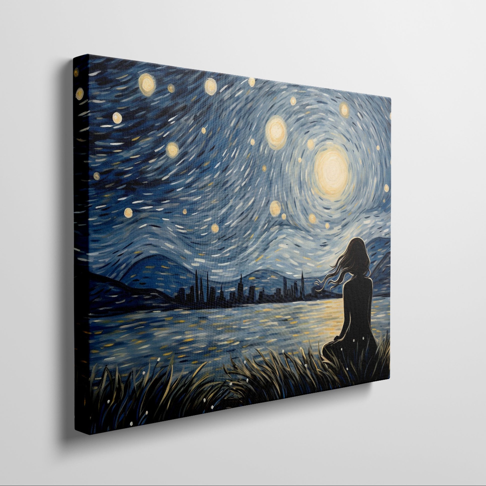 Framed canvas print of a Van Gogh-inspired starry night with a city silhouette and contemplative figure