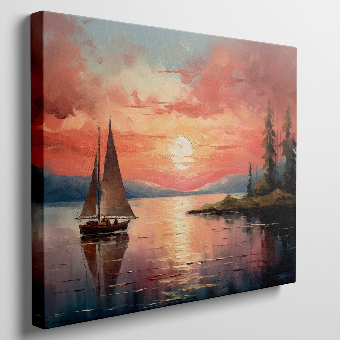 Framed canvas print of a sailboat sailing at sunset with vibrant sky and reflective water