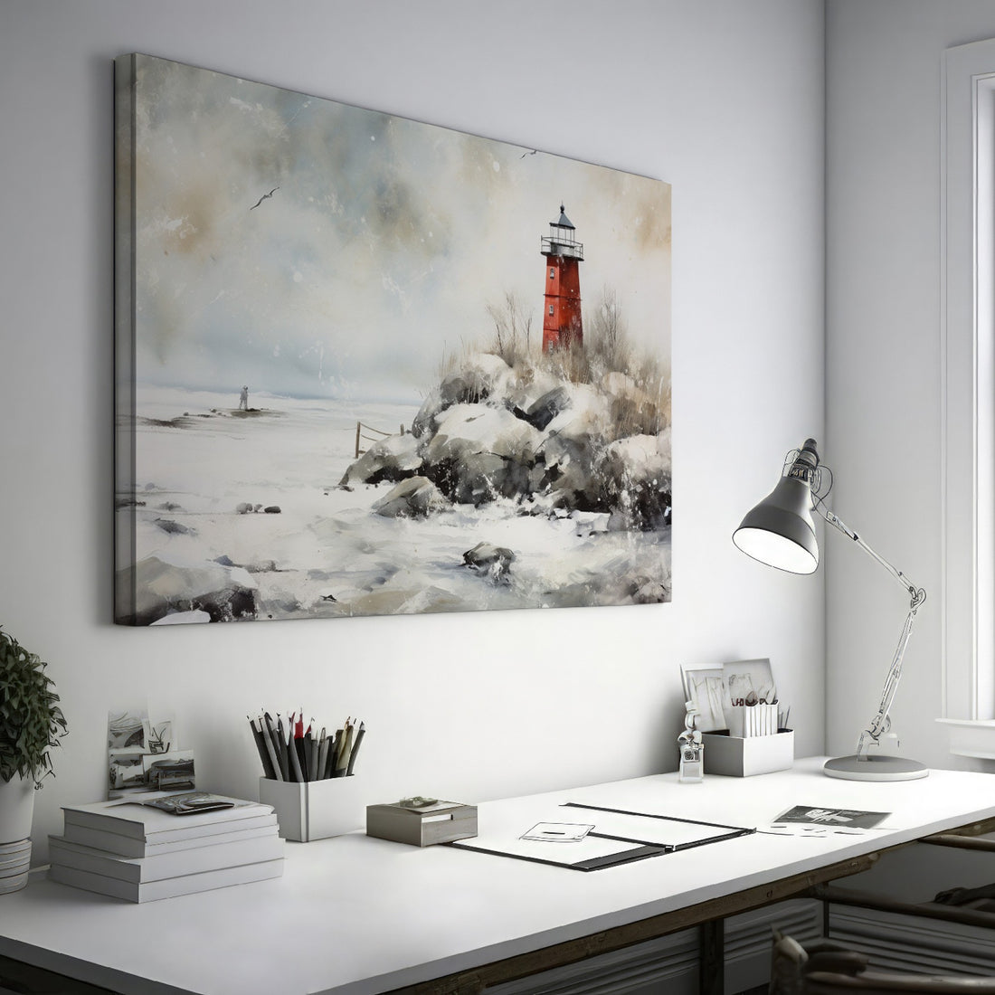 A red lighthouse on a snowy coastline with a figure at a distance and seagulls in the wintry sky.