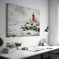 A red lighthouse on a snowy coastline with a figure at a distance and seagulls in the wintry sky.