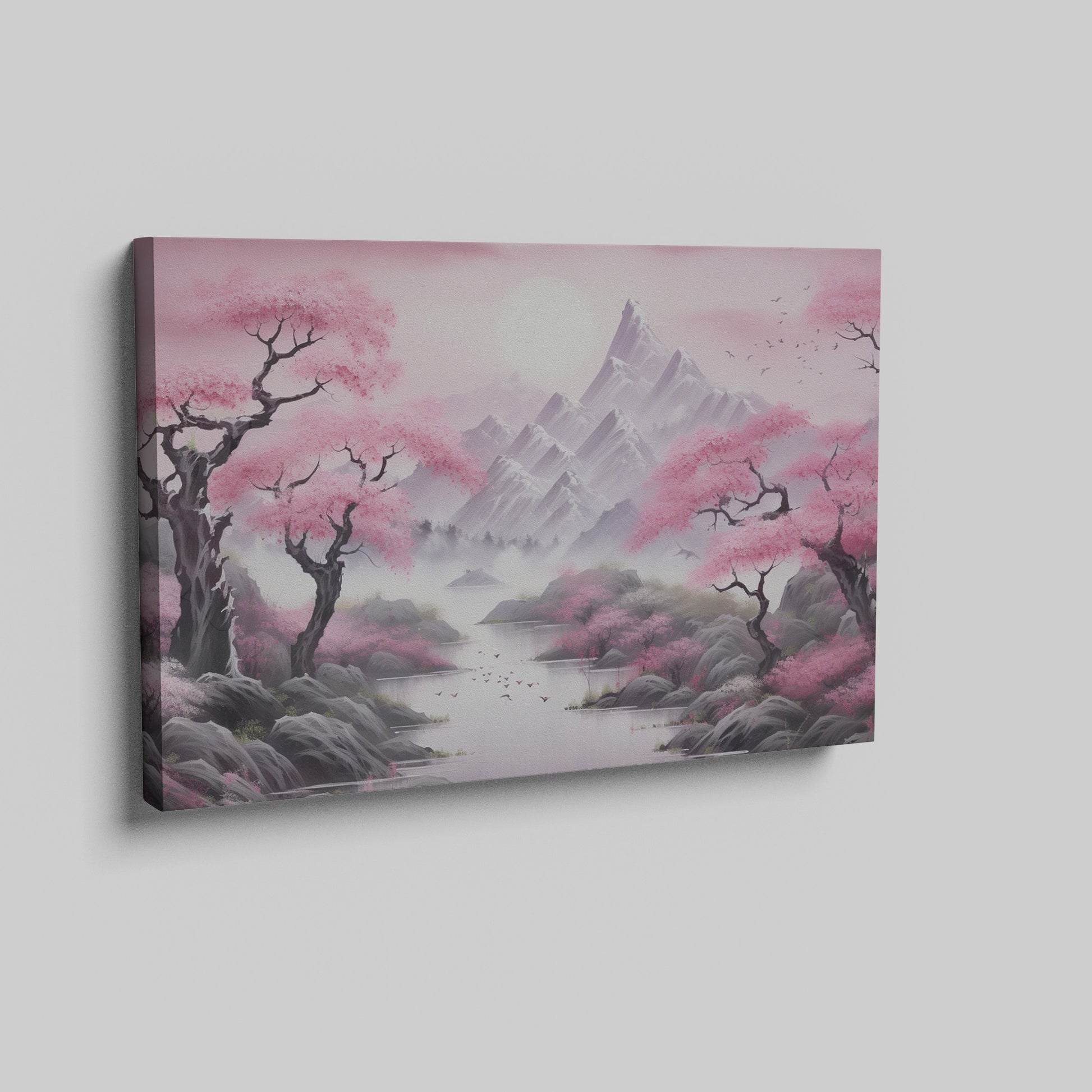 Framed canvas print of Oriental cherry blossom landscape with misty mountains and serene lake