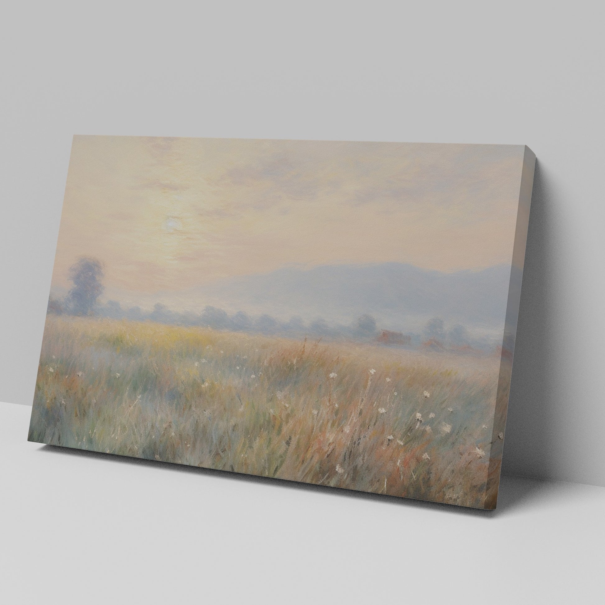 Framed canvas print of an impressionist painting with a sunrise over a tranquil countryside landscape