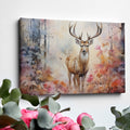 Framed canvas print of a majestic stag in a misty autumn forest