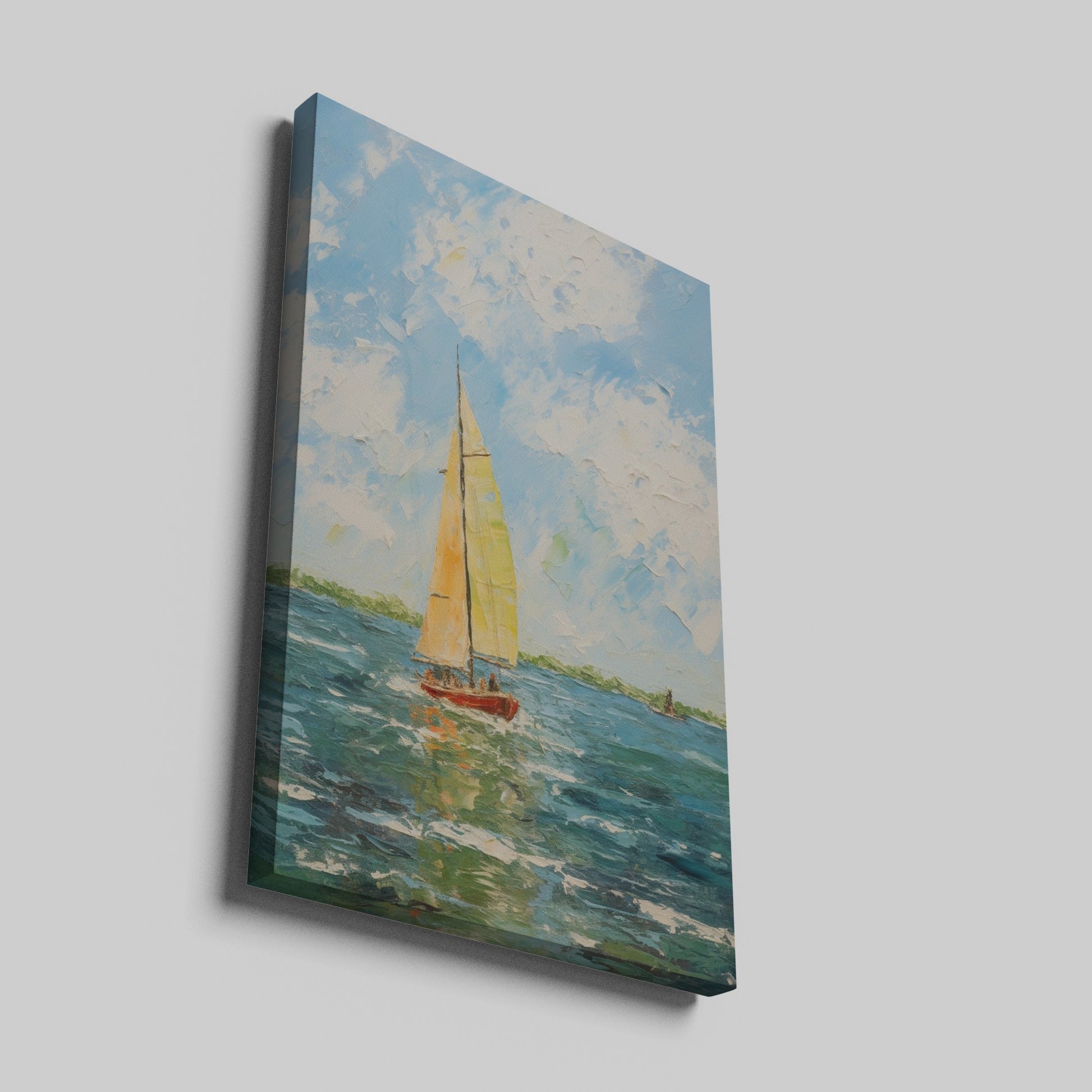 Framed canvas print of a textured impasto style painting featuring a sailboat with golden sails on the sea