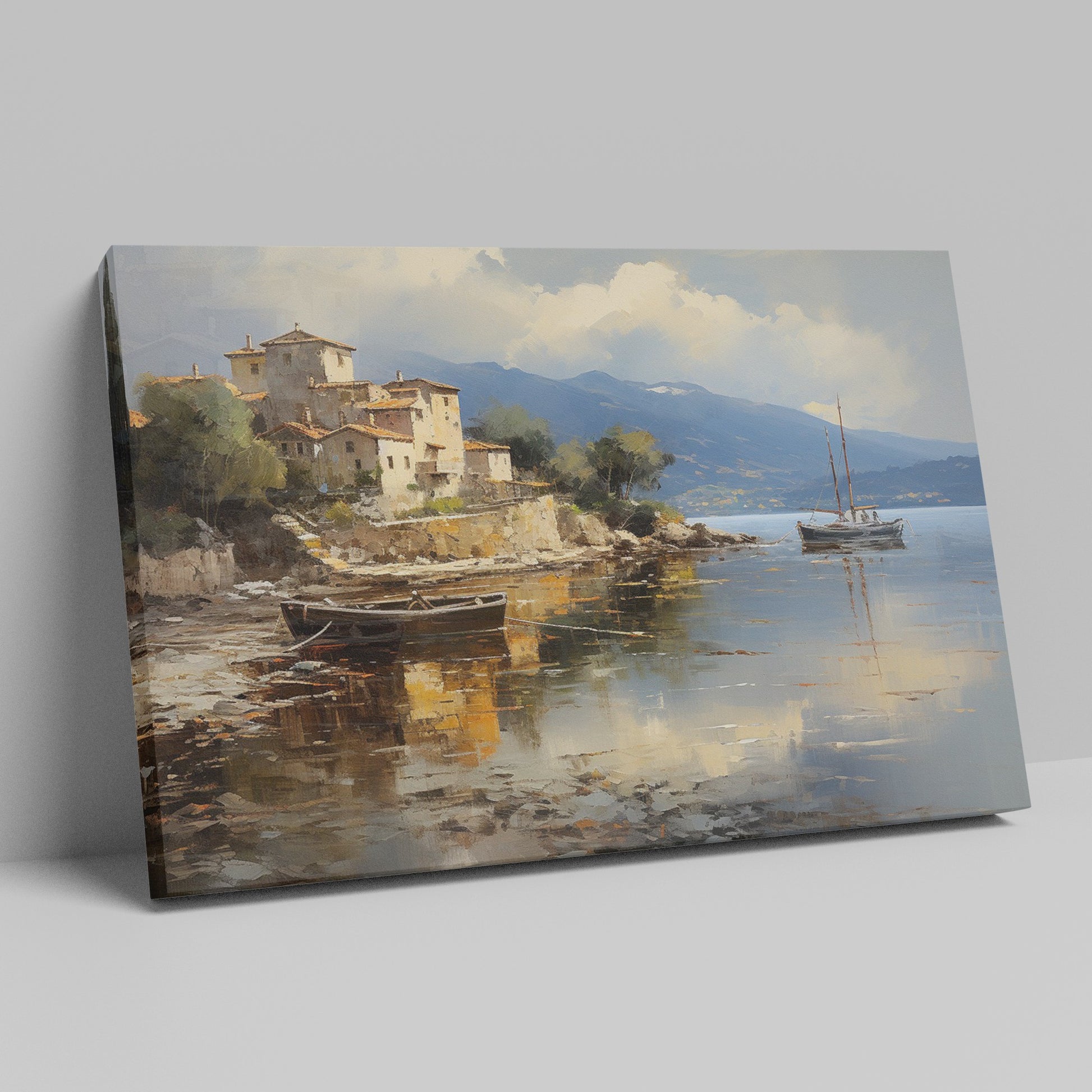 Framed canvas print of a Mediterranean coastal village with boats and serene sea reflections