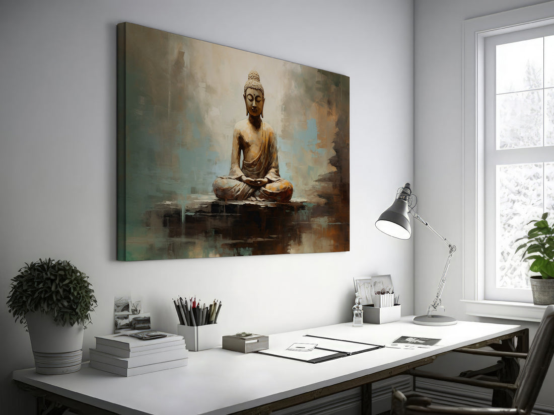 Framed canvas print of an abstract Buddha in meditation with earthy tones