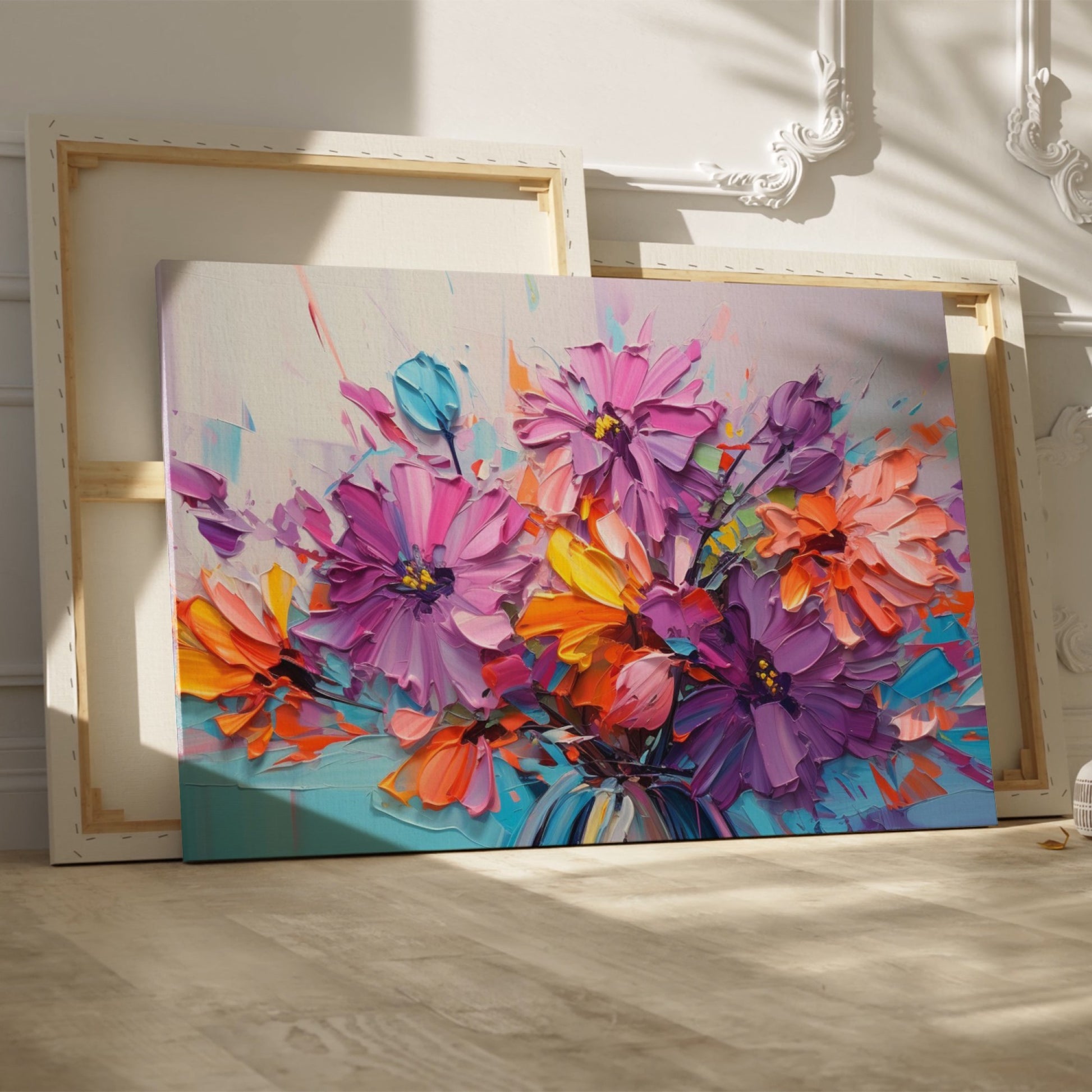 Framed canvas print of vibrant botanical impasto, with textured flowers in bright colours