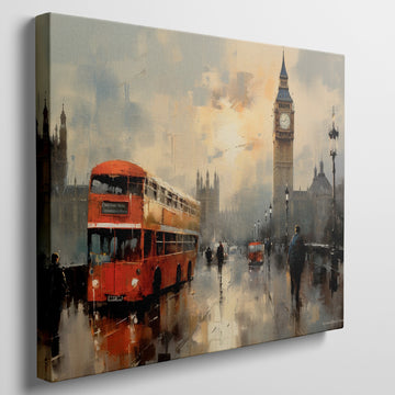 Framed canvas print of London with rain-swept Westminster, Big Ben, and a vintage red bus