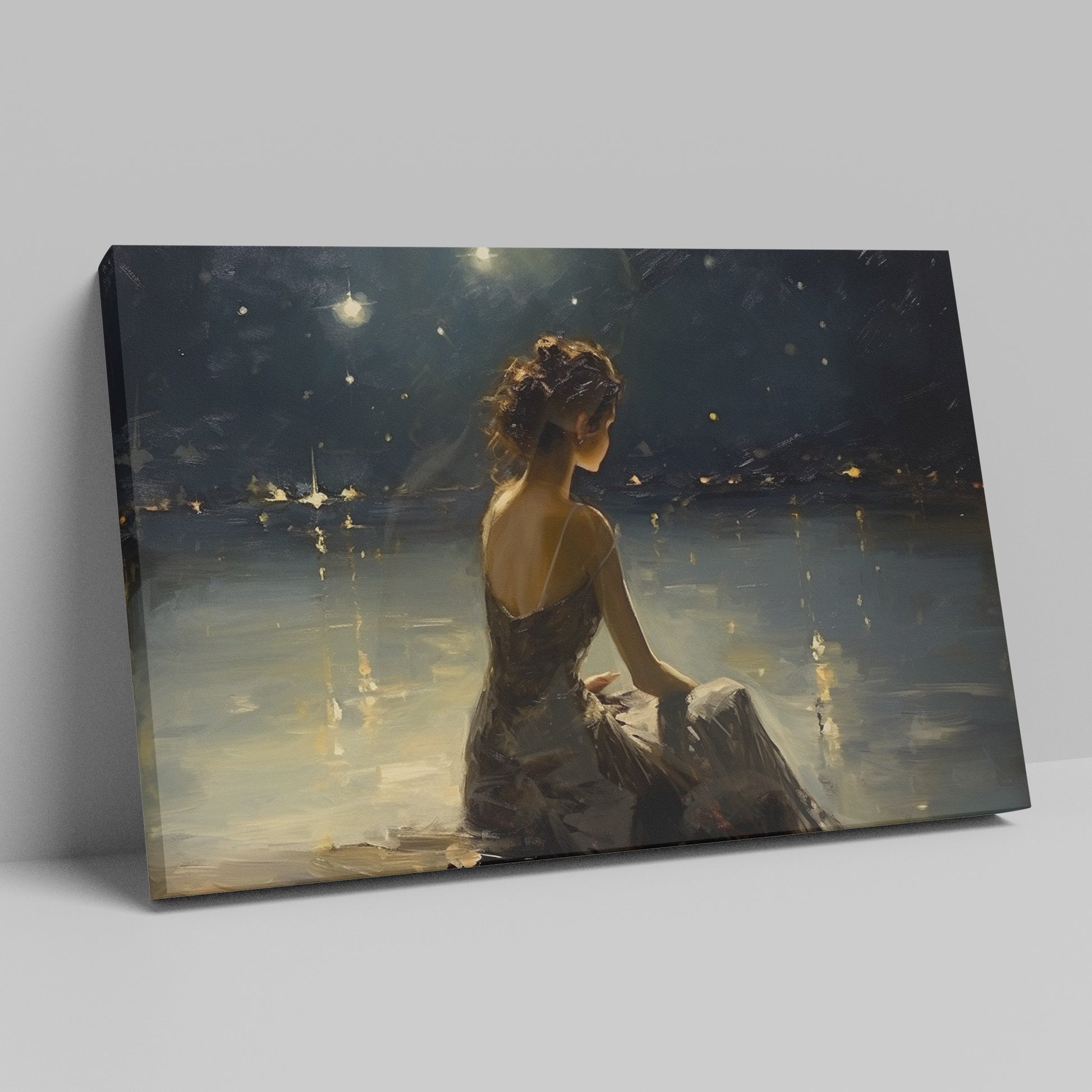 Framed canvas print of a woman in an evening dress admiring the reflective waters on a tranquil night