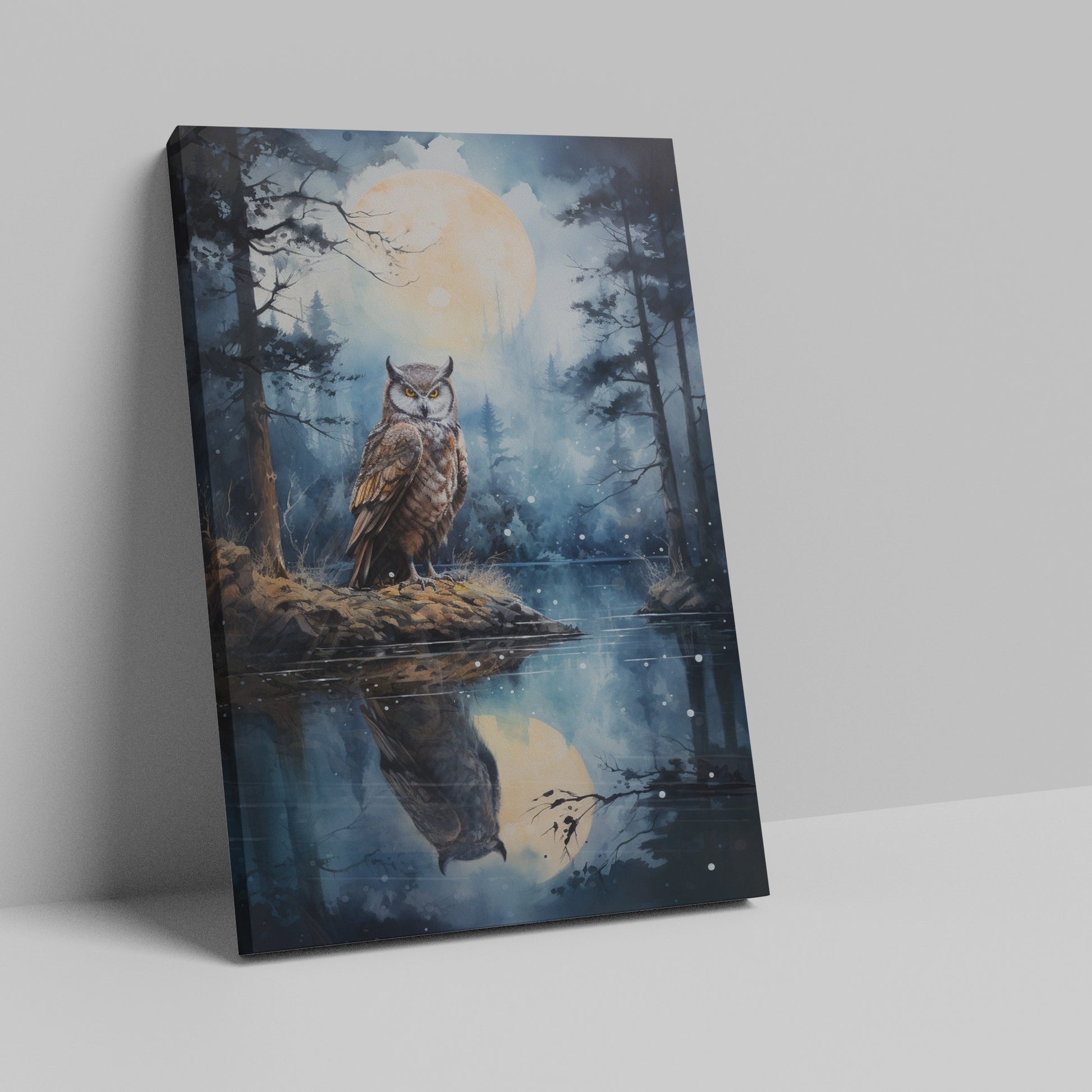 Framed canvas print of an owl perched beside a reflective lake under a full moon night sky