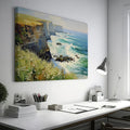 Framed canvas print of an impressionist seascape with cliffs and ocean