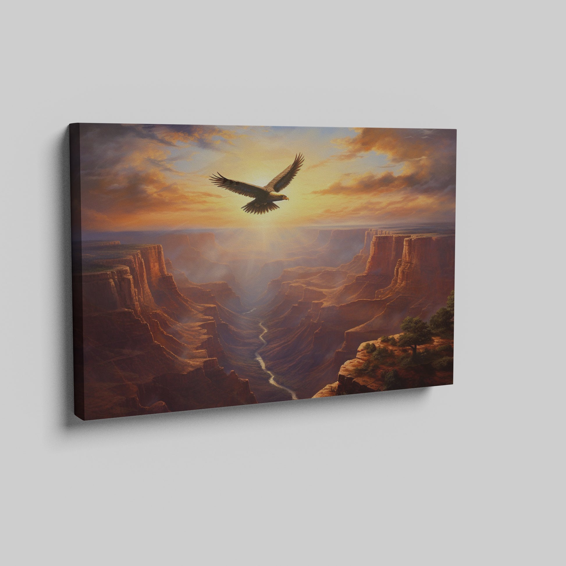 Framed canvas print of a majestic eagle flying over a grand canyon at sunrise with radiant warm colours