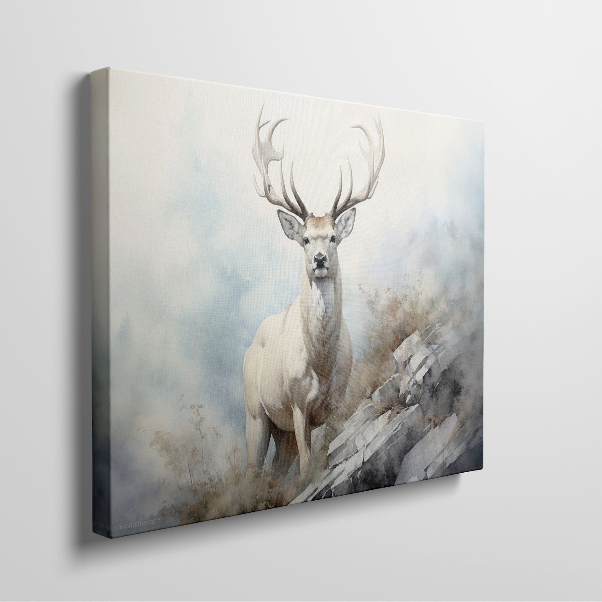 Framed canvas print of a majestic stag in a misty, ethereal forest landscape