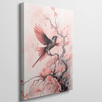 Watercolour artwork of a red-feathered bird in flight near a black cherry blossom tree