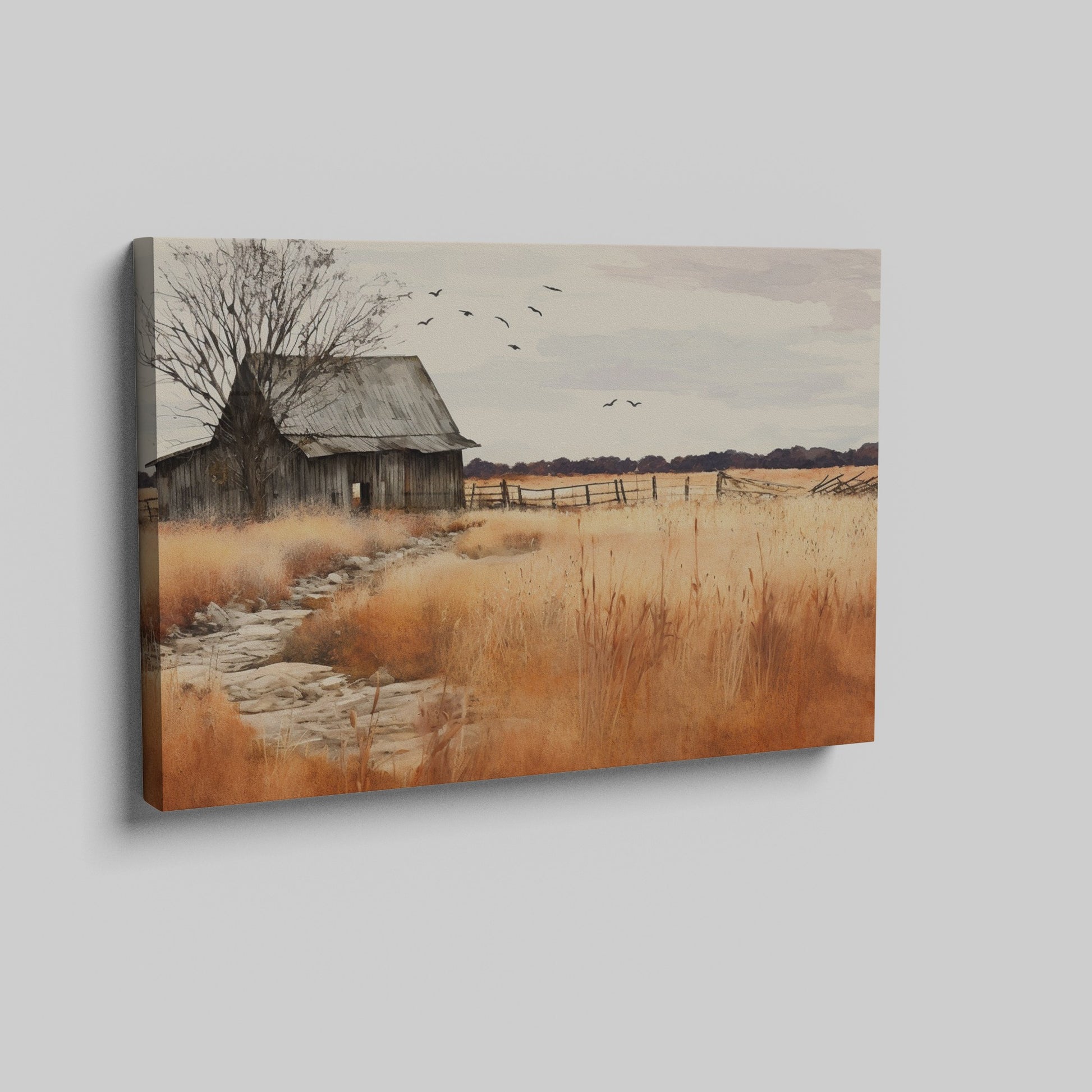 Framed canvas print of a rustic barn in autumn with golden fields and a stone pathway