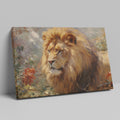 Framed canvas print of a realistic lion showcasing golden and warm earth tones, with detailed brushwork and a serene expression.